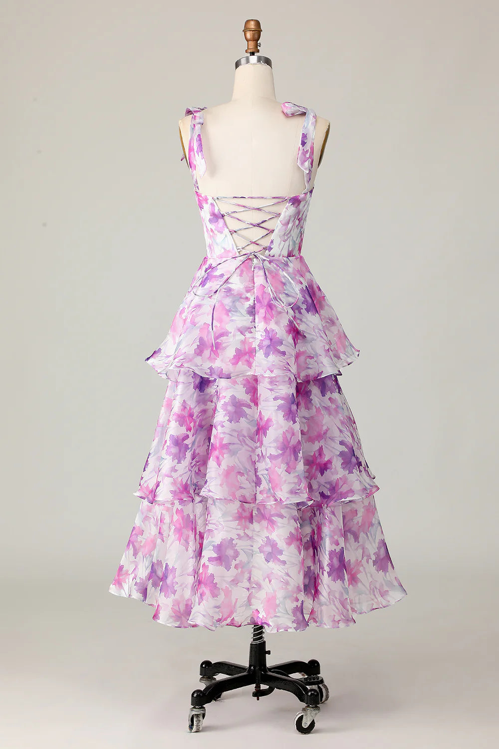 Purple Flower A Line Tiered Print Midi Wedding Guest Dress with Lace Up Back