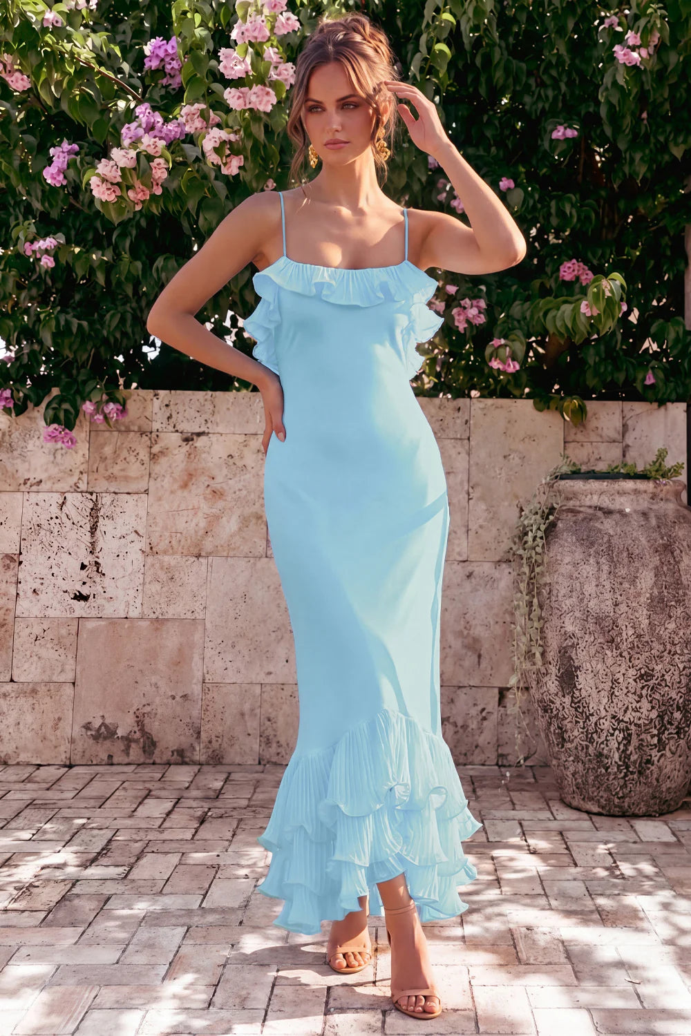 Light Blue Mermaid Ruffled Wedding Guest Dress