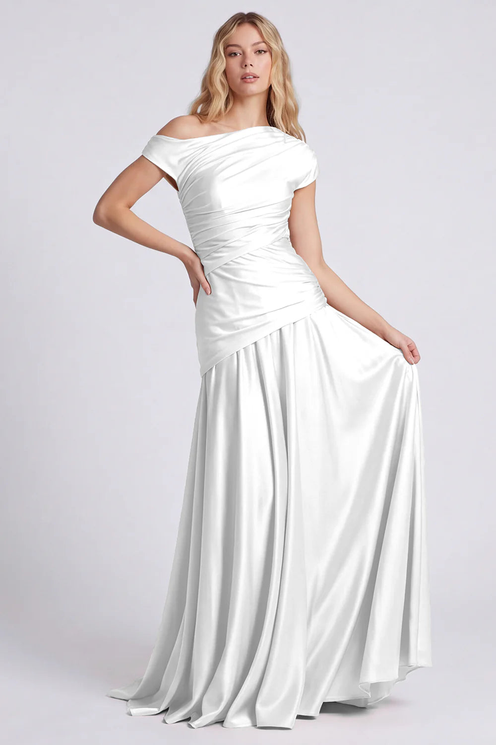 Off the Shoulder Champagne Ruched Satin Formal Dress
