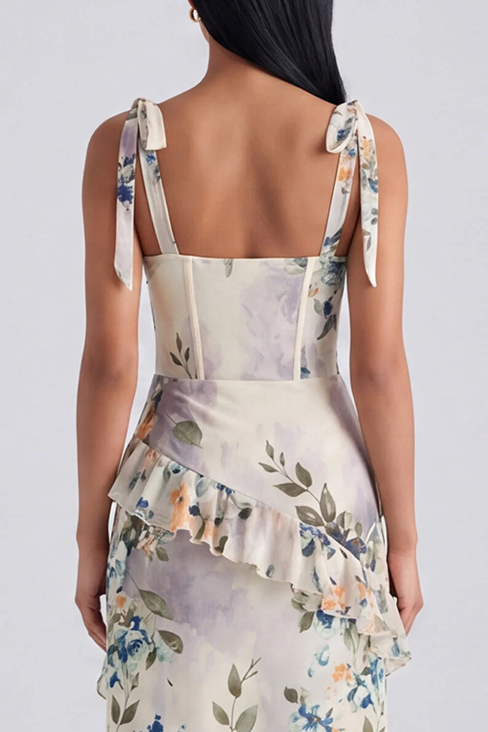 Black Ruffled Floral Corset Midi Wedding Guest Dress