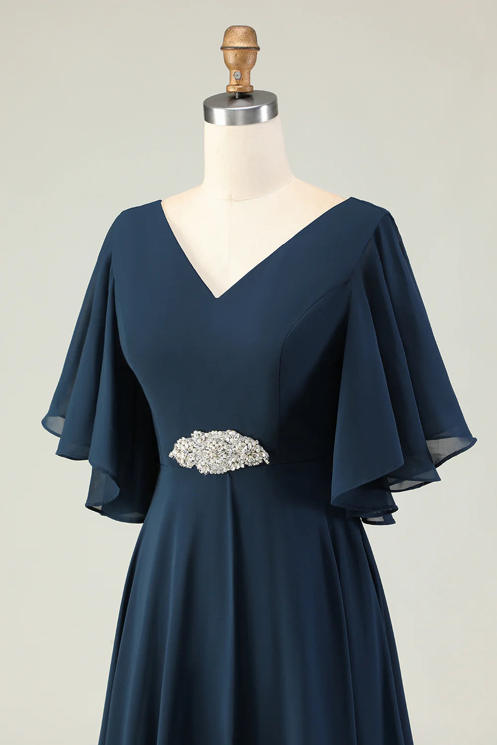 Navy A Line Embroidered Chiffon V Neck Chiffon Mother Dress with Rhinestones
