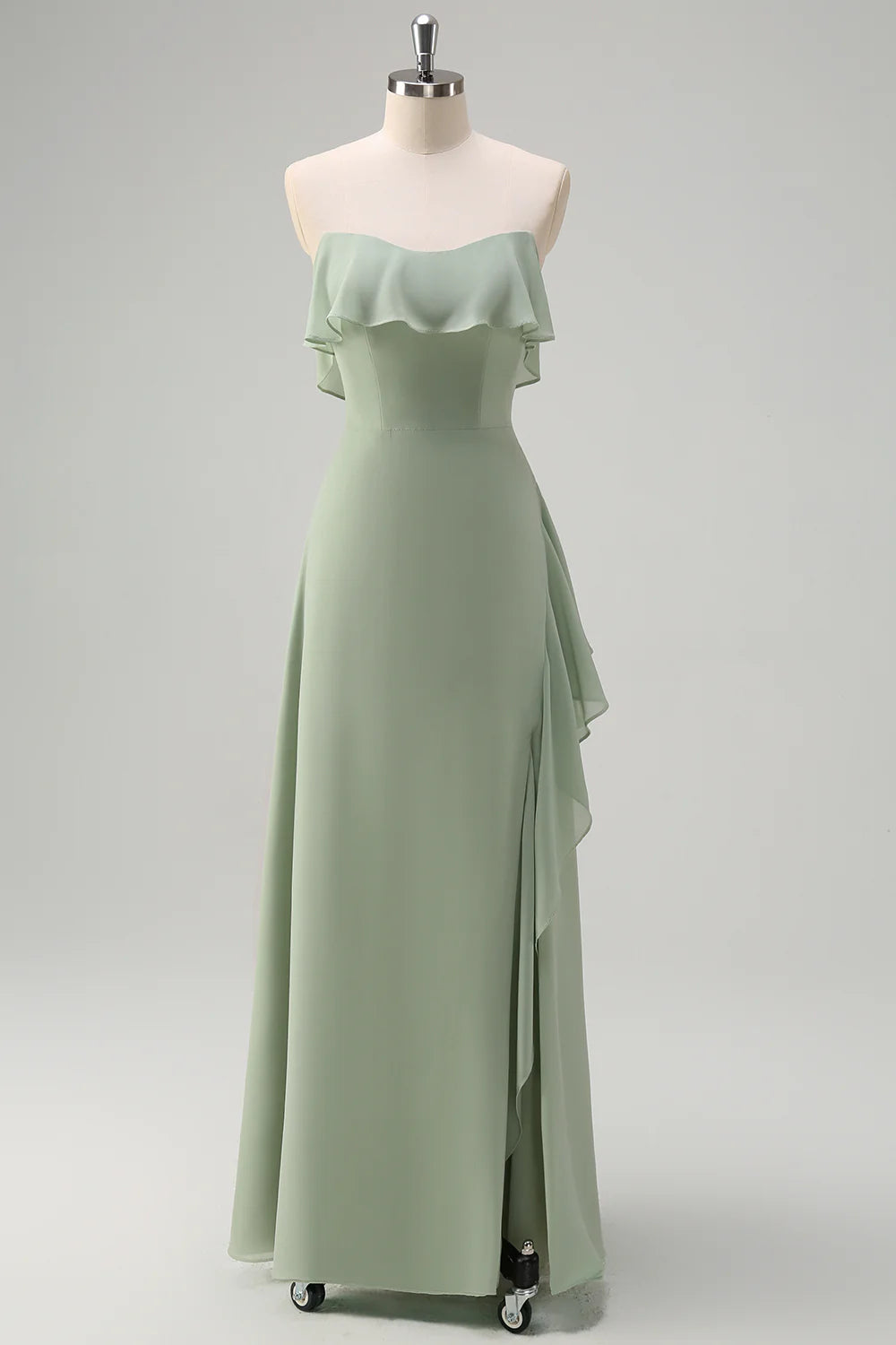 Light Green Sheath Off The Shoulder Chiffon Long Bridesmaid Dress with Ruffle Slit