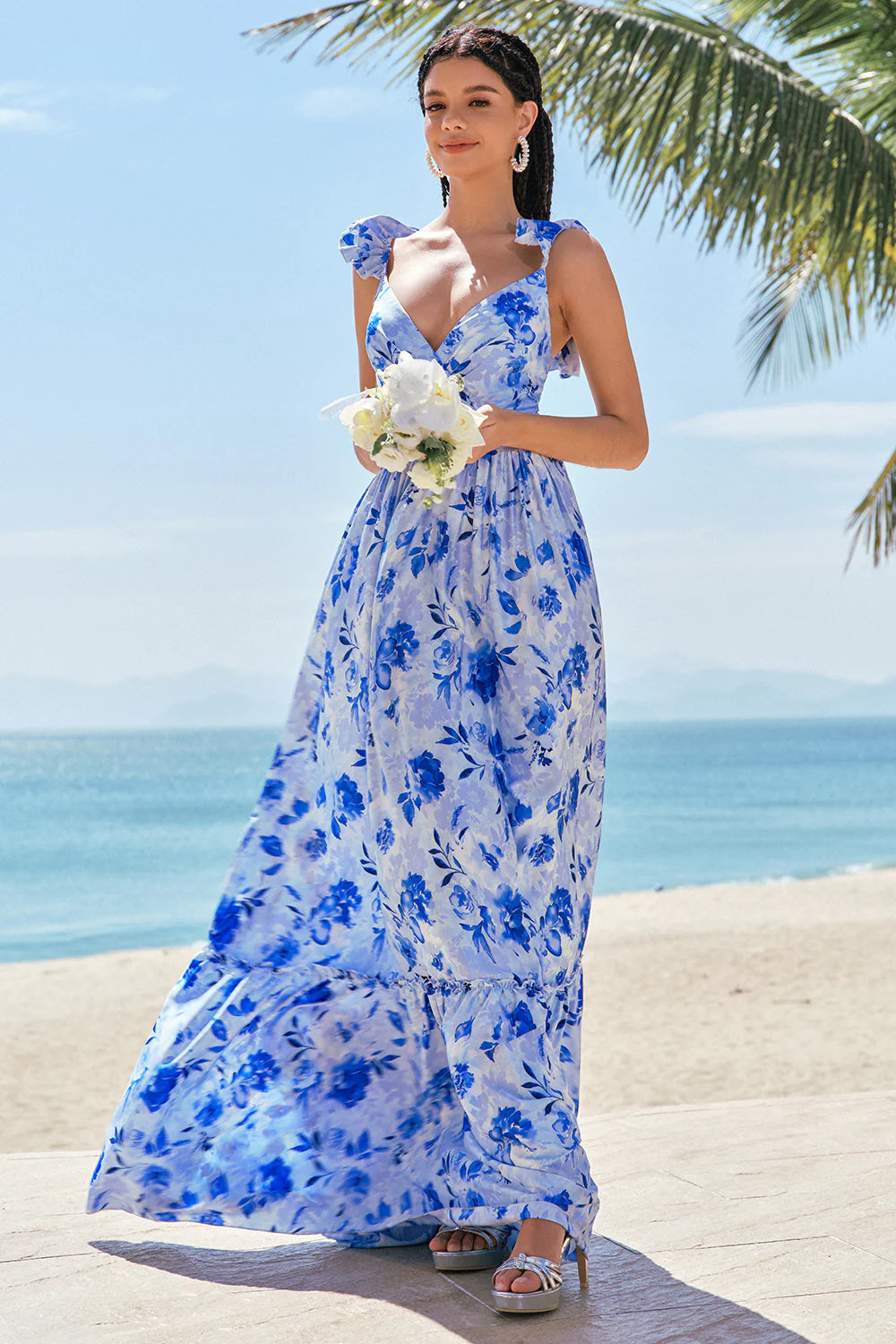 Blue A Line V Neck Ruched Floral Long Bridesmaid Dress