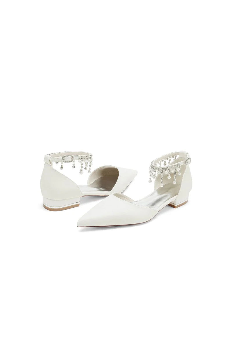 White Pearl Beaded Ankle Strap Pointed Toe Low Heels