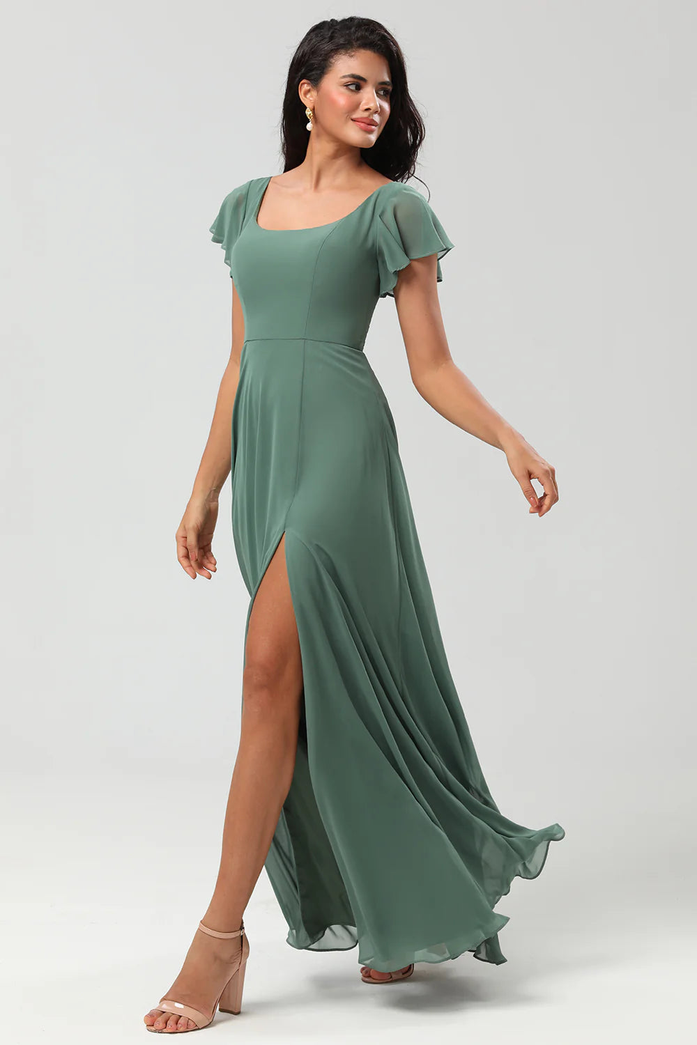 Eucalyptus A Line Square Neck Long Bridesmaid Dress with Slit