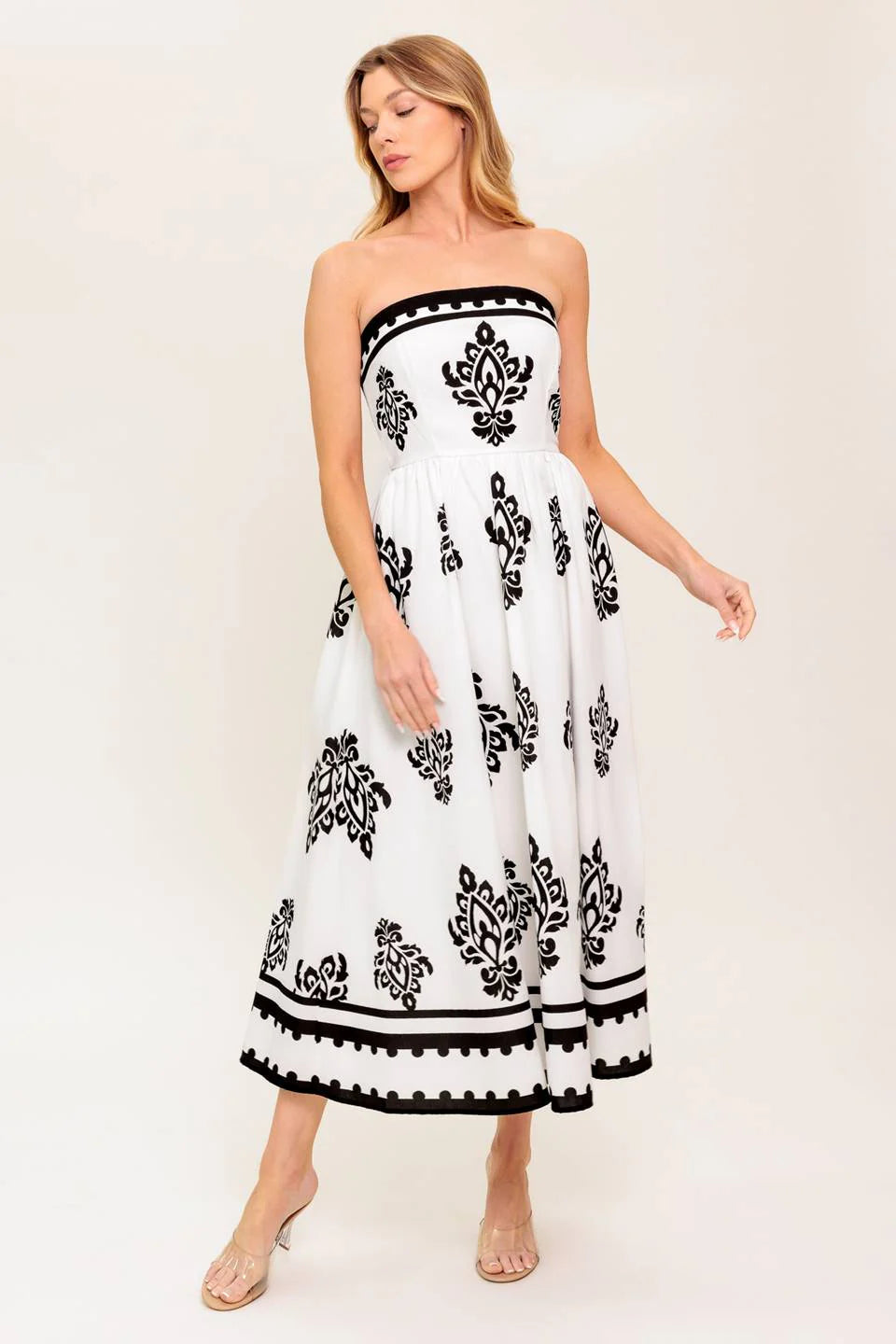CAFE IN PARIS STRAPLESS MIDI DRESS IVORY BLACK