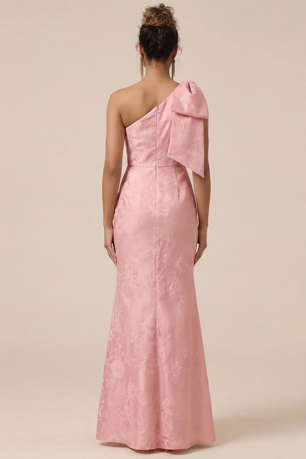 Blush Pink Mermaid One Shoulder Floral Long Bridesmaid Dress with Bow