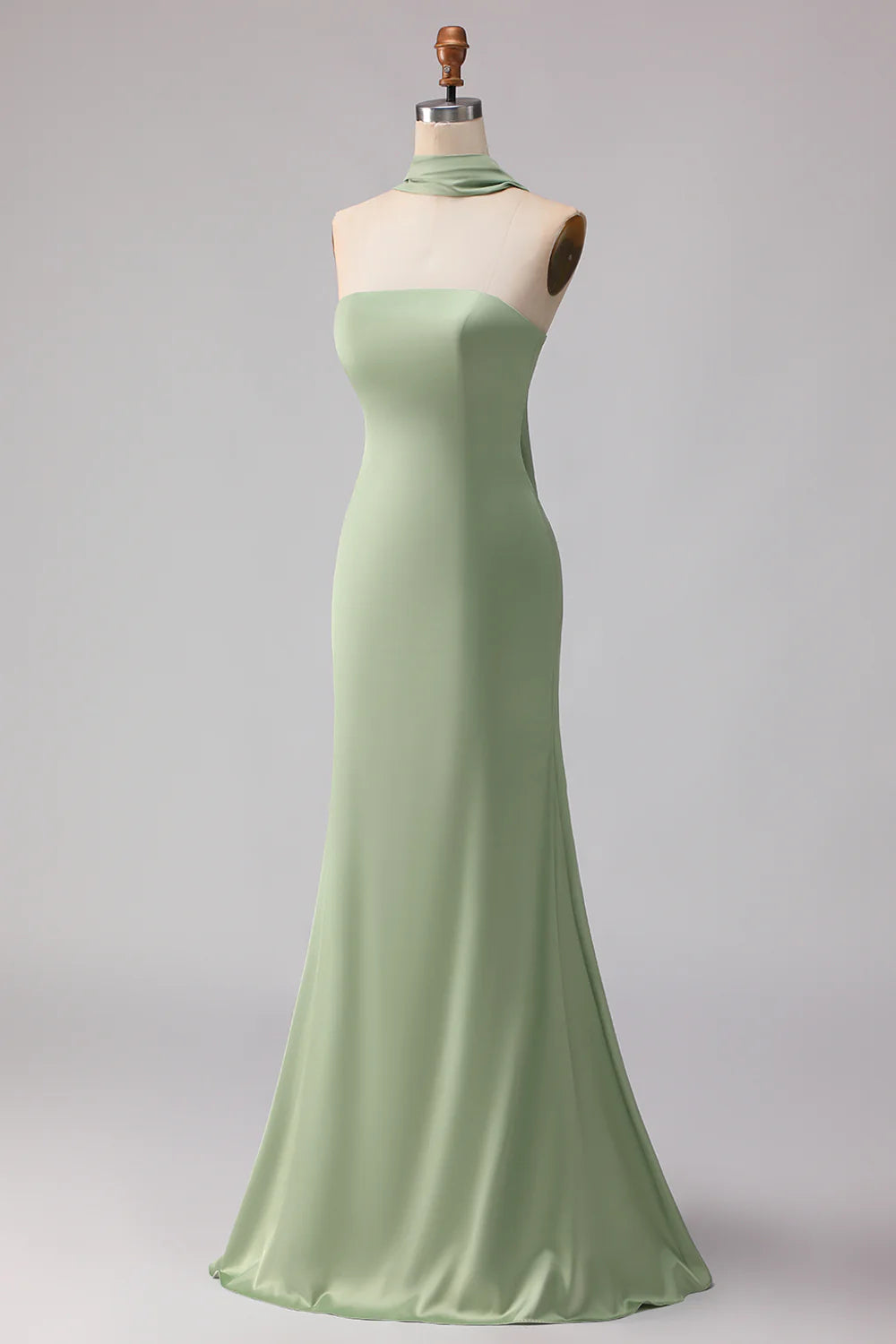 Dusty Sage Mermaid Strapless Satin Long Bridesmaid Dress with Streamer