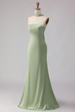 Dusty Sage Mermaid Strapless Satin Long Bridesmaid Dress with Streamer