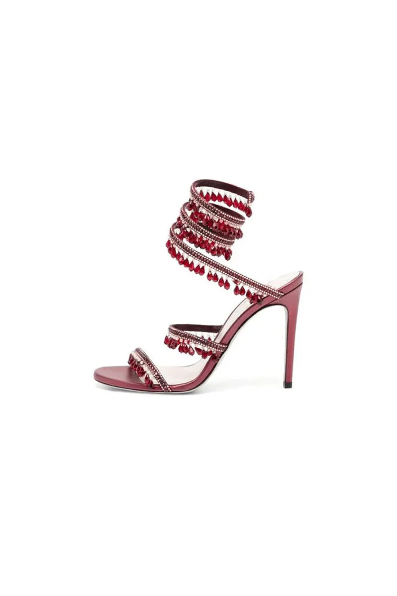 Open Toe Ankle Wrap Beaded Crystal Stiletto Heels