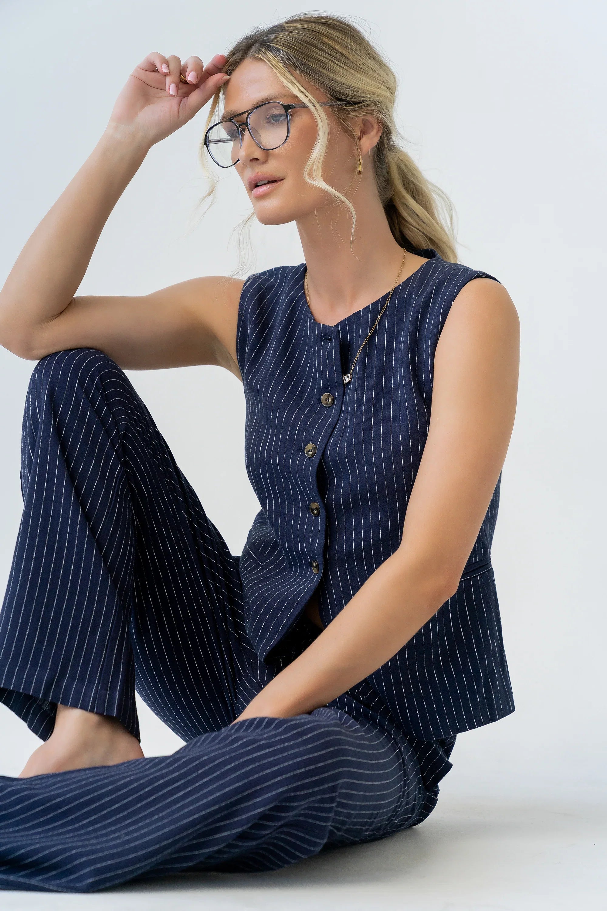 Vivienne Pinstripe Sleeveless Vest in Navy