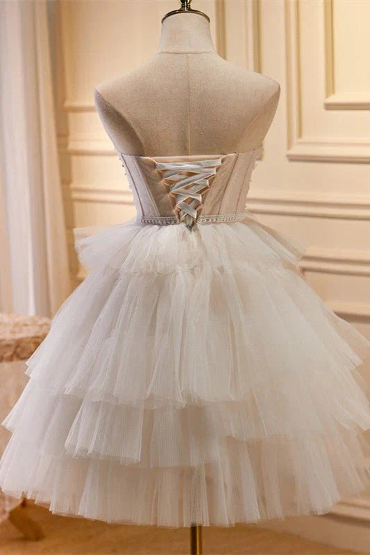 White Tulle 3D Floral Lace A Line Tiered Homecoming Dress