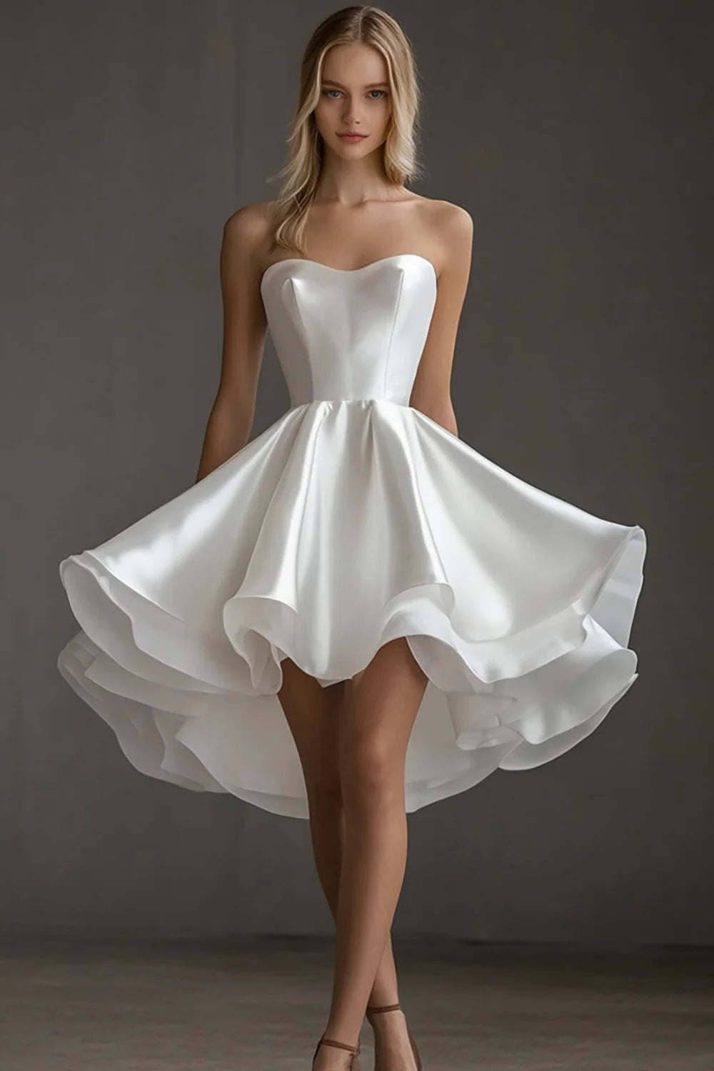 Strapless A Line Satin White Short Graduation Dress