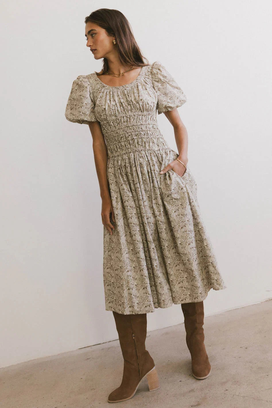 Lucille Smocked Floral Dress in Olive FINAL SALE