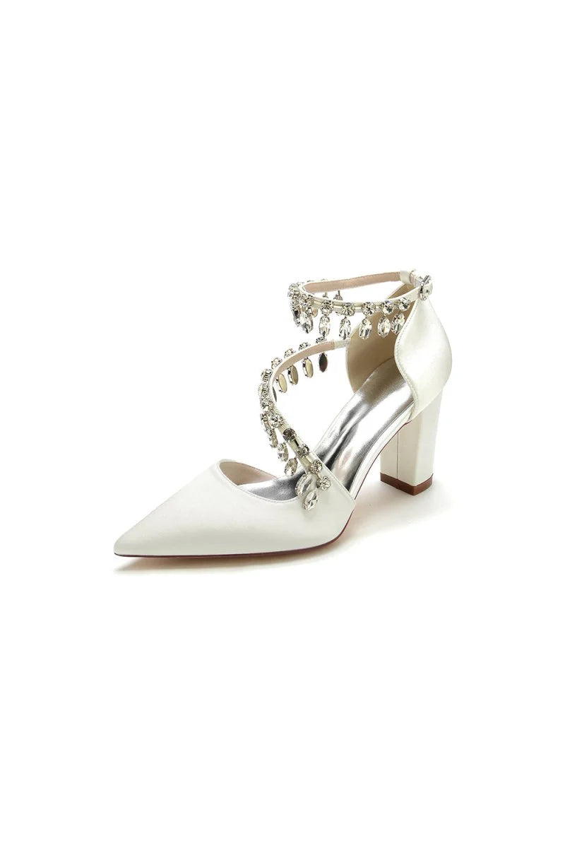 White High Heels with Chain and Crystal Accent