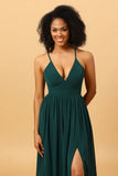 Pine A Line Lace Up Back Chiffon Bridesmaid Dress with Slit