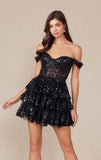 BRENNA MINI DRESS BLACK OFF SHOULDER TIERED SHORT DRESS