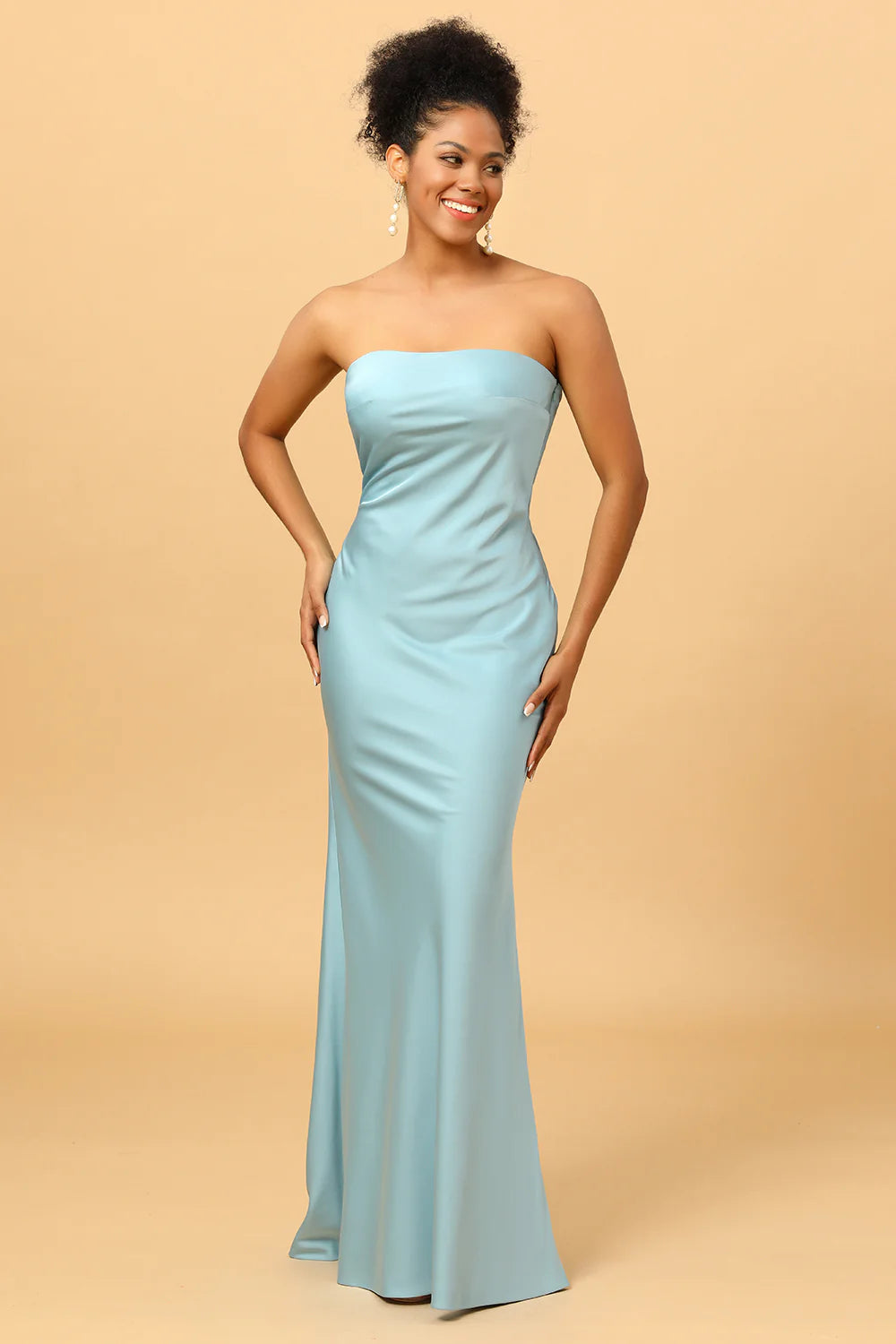 Sky Blue Mermaid Strapless Floor Length Satin Bridesmaid Dress with Open Back