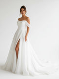 Elegant White Off the Shoulder Long Wedding Dress with Slit