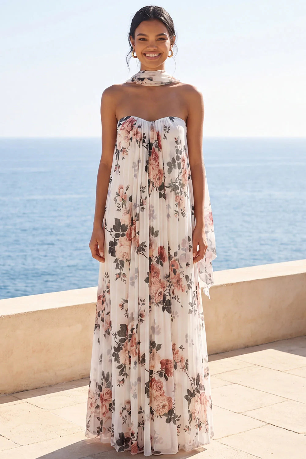 Floral Ivory A Line Sweetheart Wedding Guest Dress with Scarf