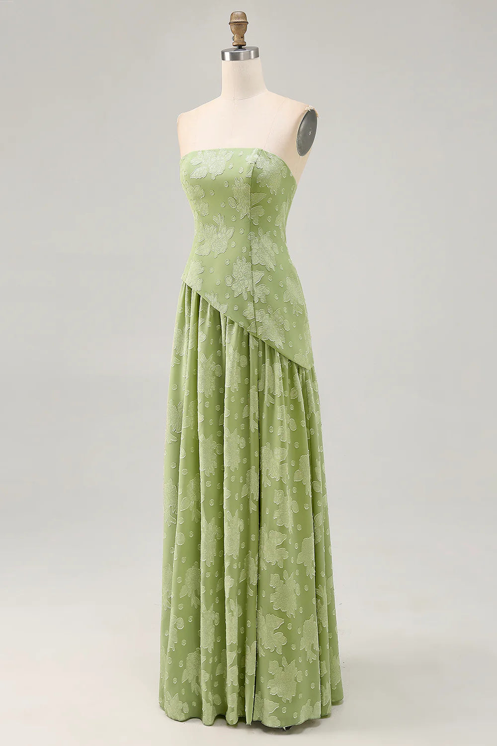 Sage Green A Line Strapless Long Wedding Guest Dress