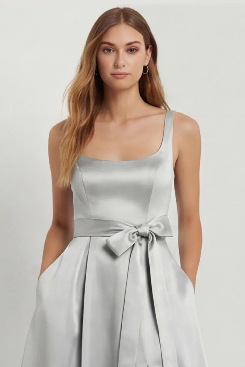 Light Blue A Line Square Neck Bow Satin Long Bridesmaid Dress with Slit