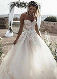 A line Tulle Skirt Floral Lace Sweetheart Wedding Dresses Backless