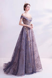 Sparkly Purple A Line Tulle Long Prom Dress