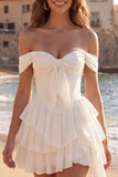 Off the Shoulder Ruffled A Line Ivory Corset Short Graduation Dress with Bow