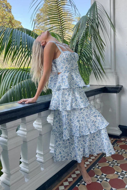 Molly Maxi Dress Blue Floral Tiered Dress with Bow