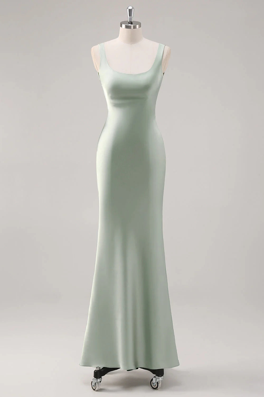 Sage Green Mermaid Square Neck Satin Long Bridesmaid Dress with Criss Cross Back