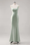 Sage Green Mermaid Square Neck Satin Long Bridesmaid Dress with Criss Cross Back