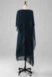 Navy A Line Scoop Tea Length Chiffon Mother of the Bride Dress