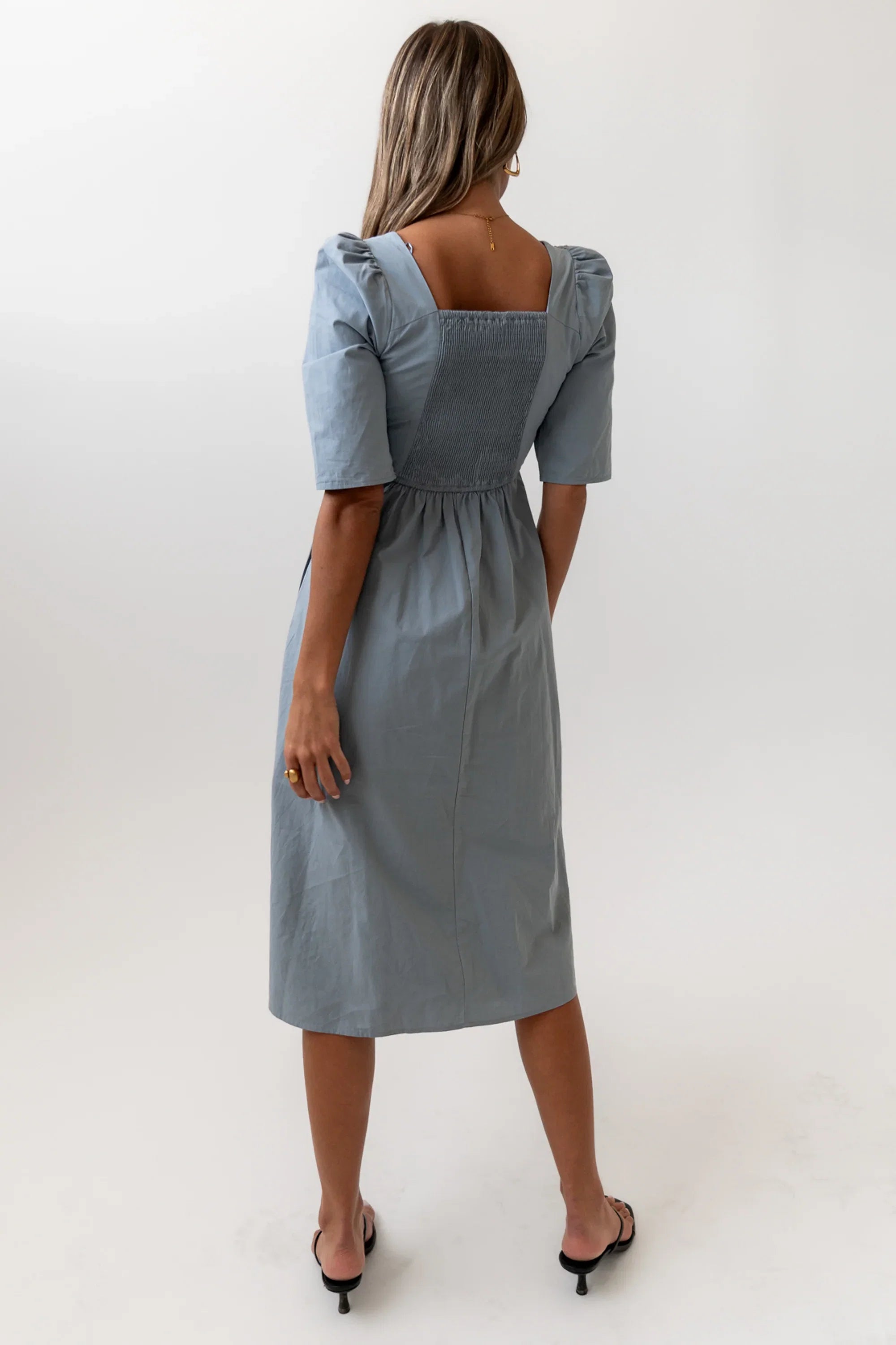 Paisley Smocked Midi Dress in Slate Blue FINAL SALE