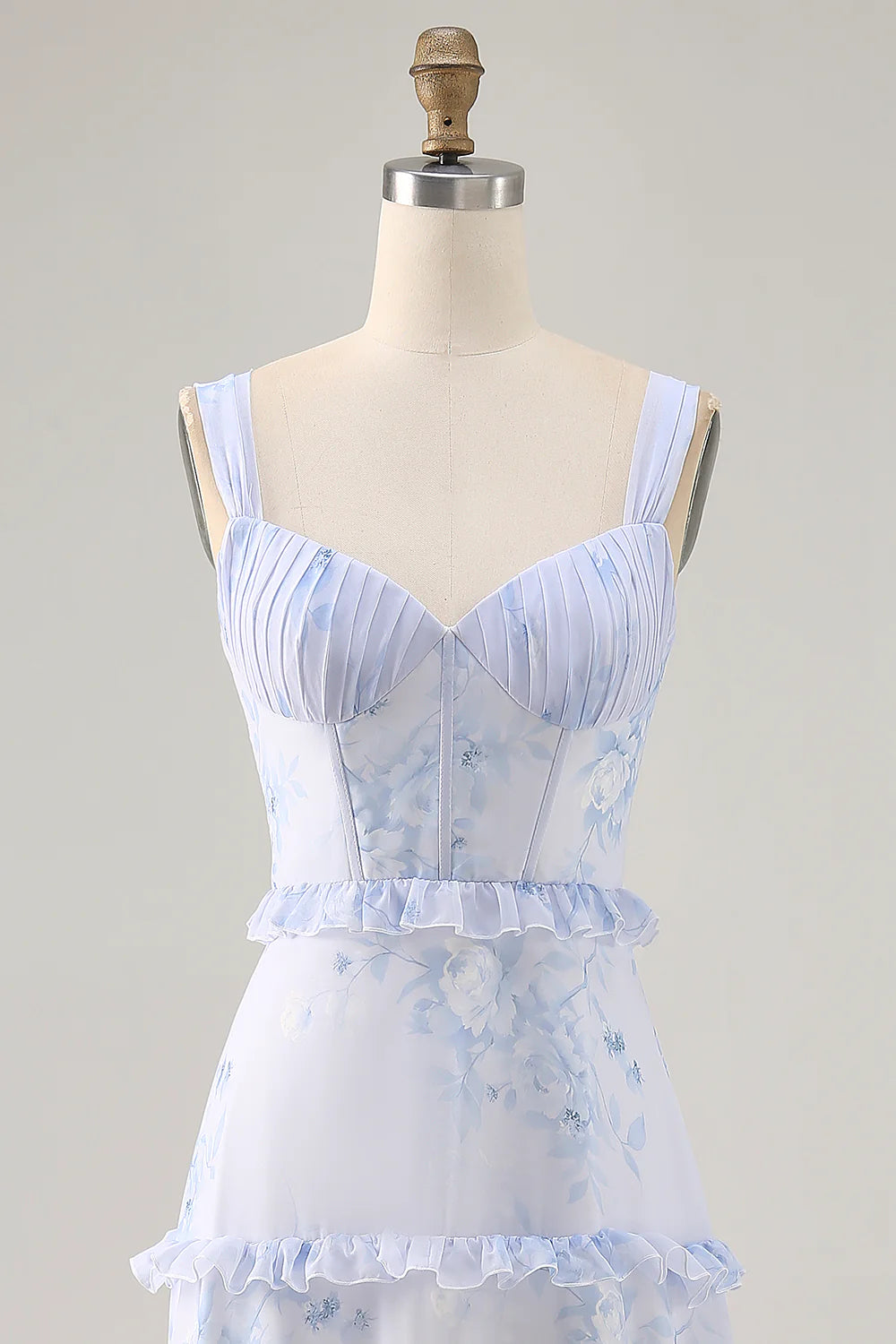 Blue Flower A Line Printed Long Bridesmaid Dress with Lace Up Back
