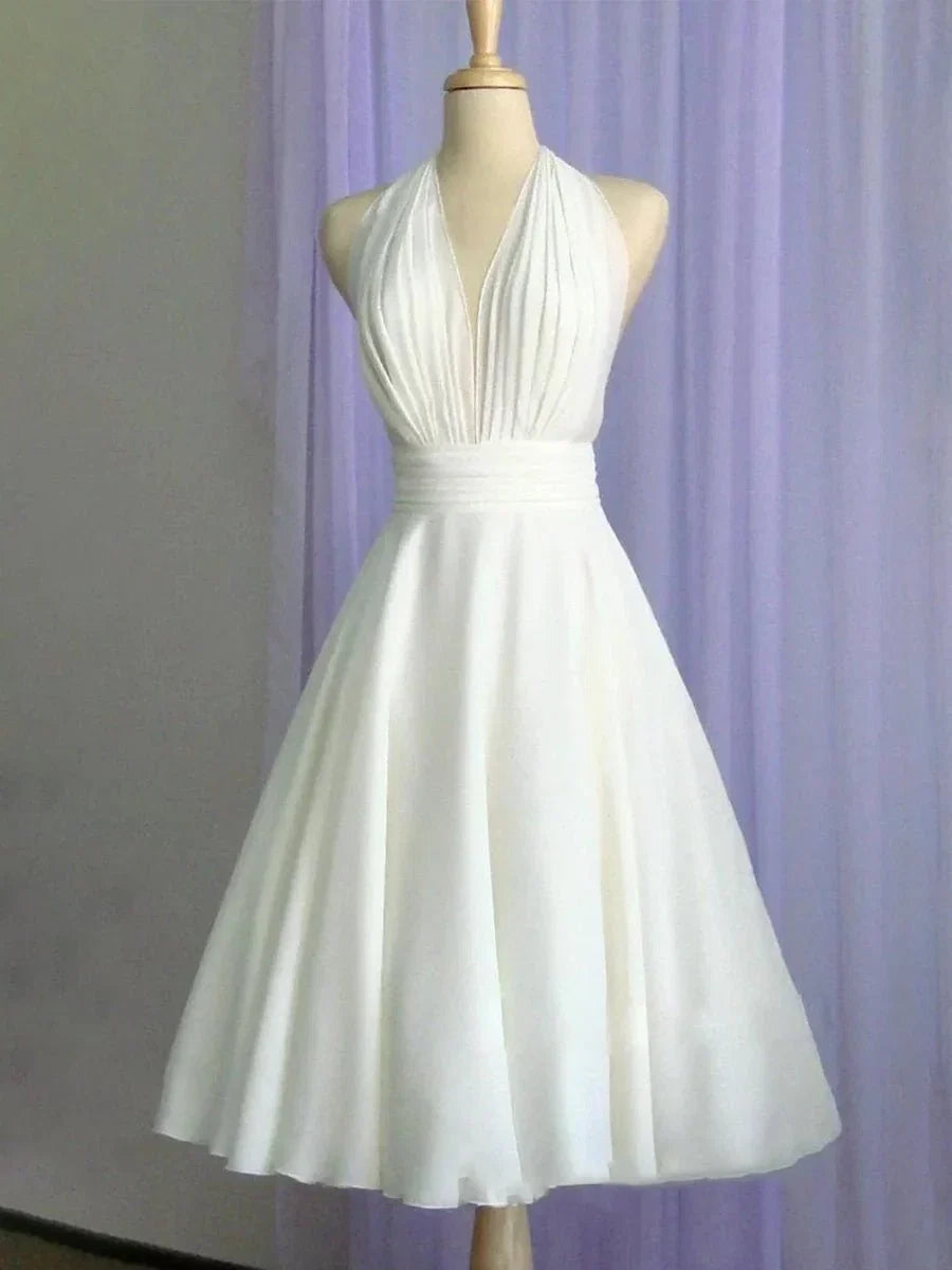 Vintage Tea Length Chiffon Wedding Dress With Halter Neck and Bow