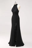 Black Mermaid Halter Neck Ruffled Long Formal Dress with Slit