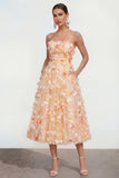 Champagne A Line Strapless Floral Wedding Guest Dress with Pockets