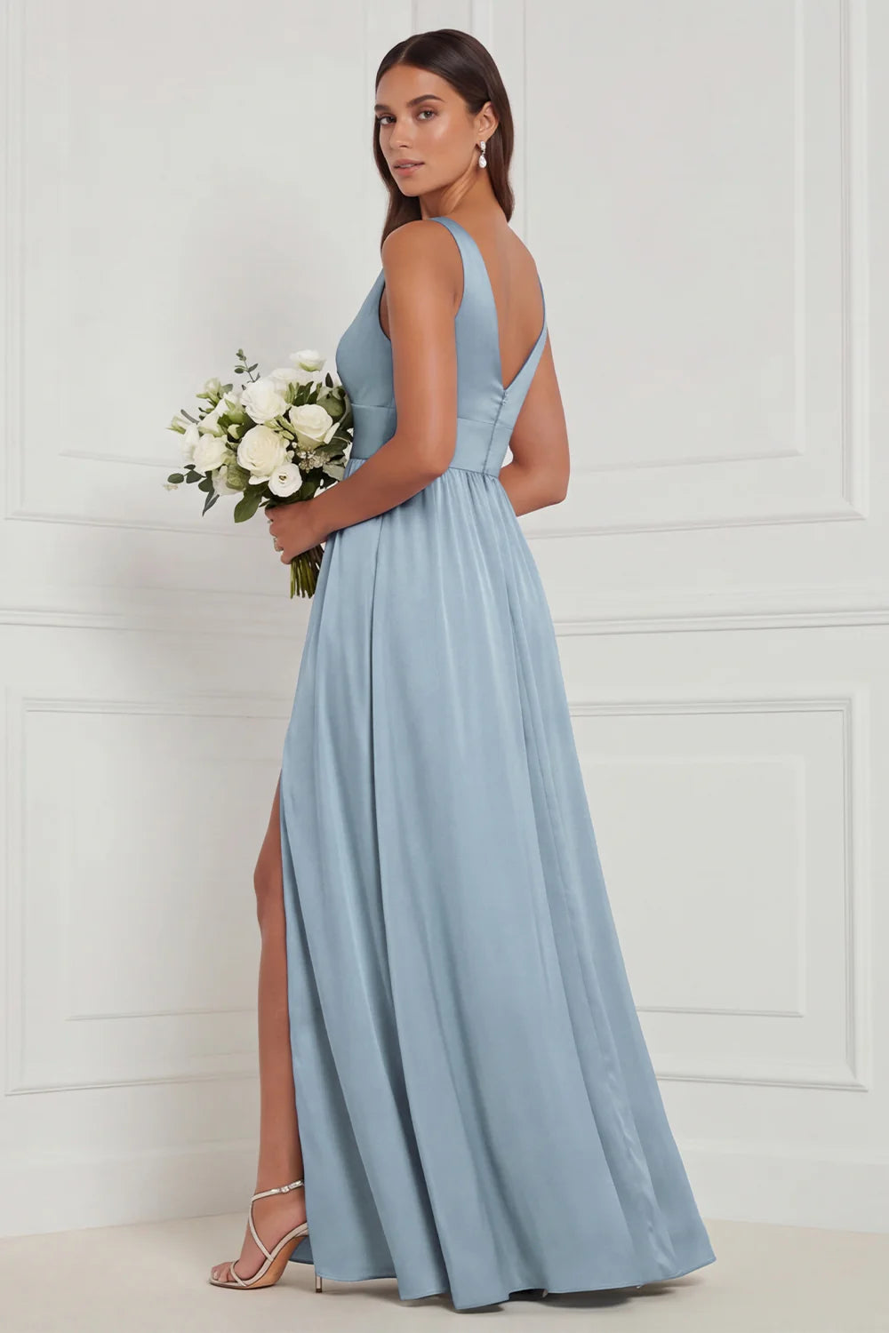 Dusty Blue A Line V Neck Bridesmaid Dress with Slit