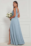Dusty Blue A Line V Neck Bridesmaid Dress with Slit