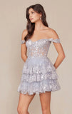 BRENNA MINI DRESS SILVER OFF SHOULDER TIERED SHORT DRESS