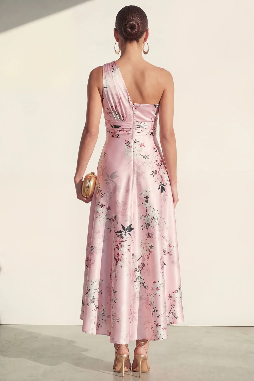 One Shoulder Ruched A Line Pink Printed Wedding Guest Dress