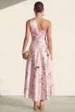 One Shoulder Ruched A Line Pink Printed Wedding Guest Dress