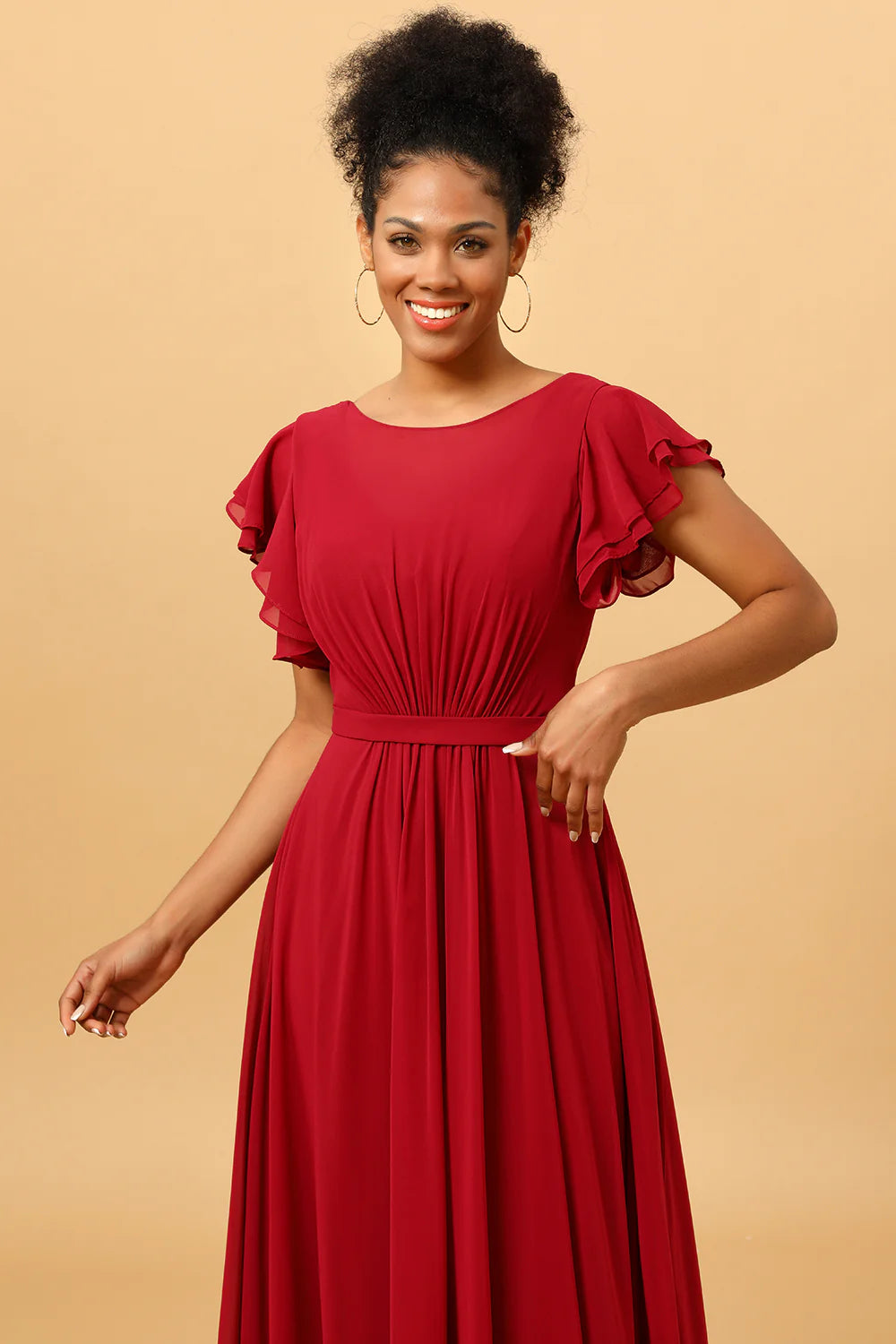 Burgundy Ruched Long Chiffon Bridesmaid Dress with Ruffles