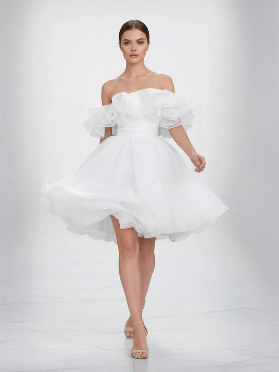 A Line Off The Shoulder Sleeveless Short Mini Organza Wedding Dresses
