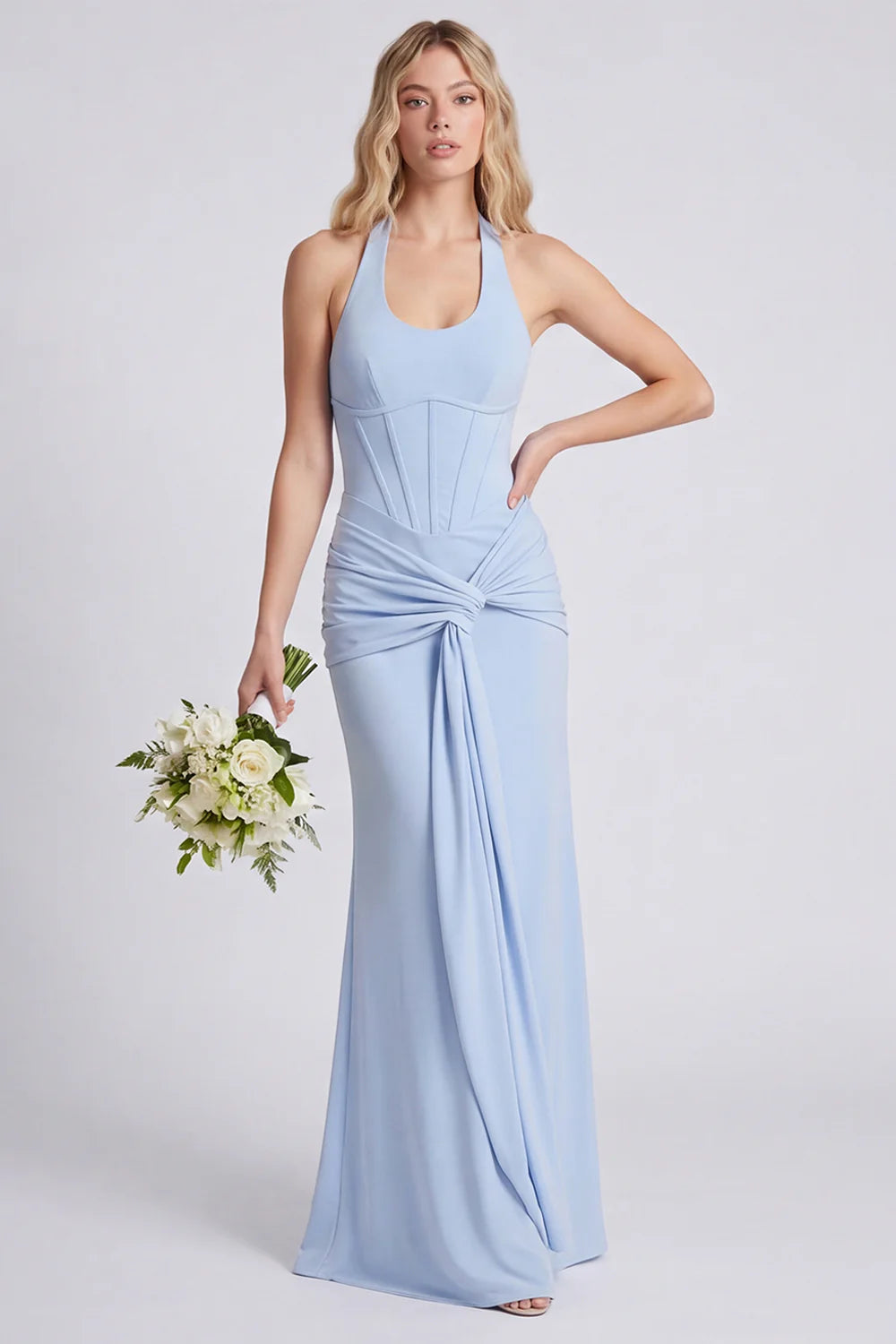 Light Blue Halter Ruched Mermaid Corset Bridesmaid Dress