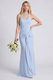 Light Blue Halter Ruched Mermaid Corset Bridesmaid Dress