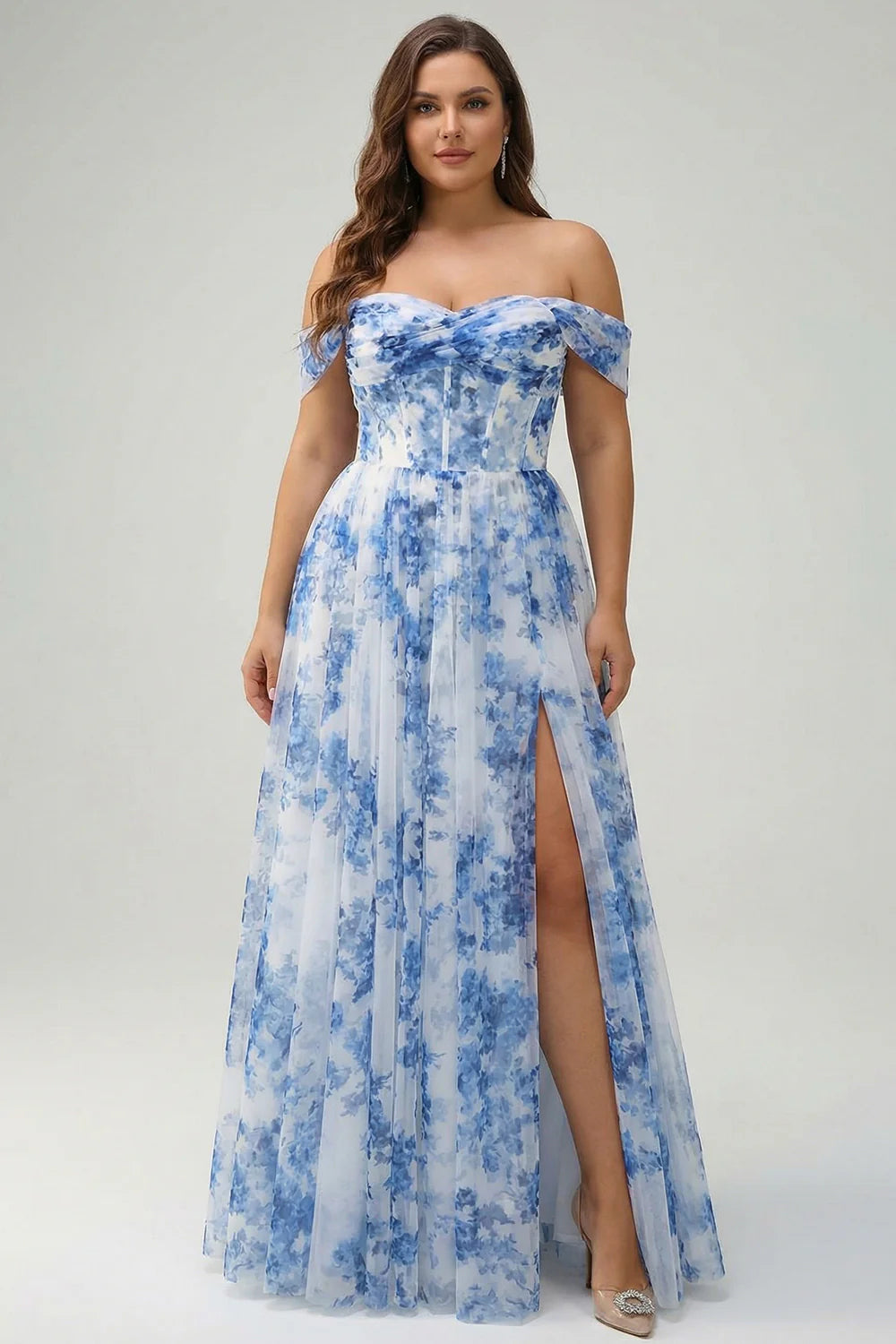 Off the Shoulder White Blue Flower A Line Ruched Corset Plus Size Bridesmaid Dress with Slit