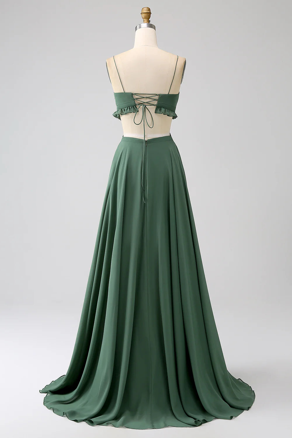 Eucalyptus A Line Spaghetti Straps Backless Chiffon Long Bridesmaid Dress