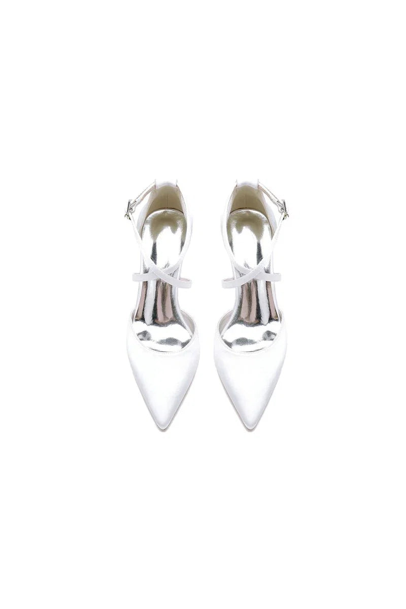 White Satin Pump with Cross Strap and Metal Accent